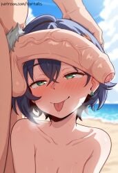 1boy 1boy1girl 1girls ai ai_generated beach before_oral before_sex belle_(zenless_zone_zero) big_penis blue_hair blush breath brother_and_sister collarbone crossed_bangs cute cute_face earrings female female_focus grabbing_head green_eyes grey_pubic_hair hair_ornament hoyoverse imminent_fellatio imminent_oral incest male male/female precum pubic_hair sea short_hair silly silly_face standing_male steam steaming_body sweat sweating sweaty testicles thick_penis tongue tongue_out upper_body veiny_penis vortalis wise_(zenless_zone_zero) zenless_zone_zero