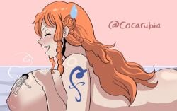 areola areolae big_breasts busty cocarubia edit edited enormous_breasts erect_nipples female gear_5_luffy giant_breasts giantess gigantic_female huge_breasts male monkey_d_luffy nami_(one_piece) nipples one_piece orange_hair pink_nipples semen tattoo