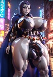 1futa abs ai_generated big_breasts big_penis bulge city dc_comics futa_only futanari hi_res highres huge_breasts latex light-skinned_futa looking_at_viewer masixi muscular muscular_futa muscular_thighs purple_eyes purple_hair raven_(dc) tagme thick_thighs wide_hips wide_thighs
