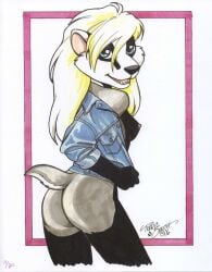 2006 4_fingers anthro ass badger biped black_body black_fur black_nose blonde_hair blue_clothing blue_eyes blue_jacket blue_topwear border bottomless breasts clothed clothing female fingers fur grey_body grey_fur grey_tail jacket jacket_only looking_at_viewer looking_back mammal medium_breasts multicolored_body multicolored_fur mustelid musteline nipples open_clothing open_jacket open_mouth open_topwear partially_clothed pink_border pink_nipples portrait pose presenting shirt short_tail side_boob side_view signature simple_background smile snout solo standing tail teeth terrie_smith three-quarter_portrait tongue topwear traditional_media_(artwork) two_tone_tail undressing white_background white_body white_border white_fur white_tail wishbone_mouth