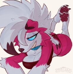 3_toes anthro ass bedroom_eyes big_breasts big_butt blue_eyes bra breasts canid claws clothed clothing feet female floppy_ears fur generation_7_pokemon grin hi_res lycanroc lying mammal midnight_lycanroc narrowed_eyes nintendo on_front panties partially_clothed pawpads pokemon pokemon_(species) red_body red_fur seductive sharkysocks sharp_teeth smile solo teeth toe_claws toes underwear white_hair