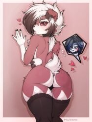 anthro ass blush breasts canid canine digital_media_(artwork) duo female fur generation_7_pokemon looking_at_viewer lycanroc male male/female mammal nintendo nude pinup pokemon pokemon_(species) pose simple_background solo tail white_body white_fur yourpokegal