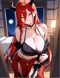 ai_generated bare_shoulders bell_bottoms breasts clothes_pull female fishnets flare_pants hair_between_eyes horns large_breasts leaning_forward long_hair looking_at_viewer pulling
