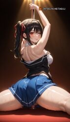 ai_generated armpits arms_up ass back bare_shoulders black_hair black_jacket blue_skirt blush breasts closed_mouth date_a_live female from_behind hair_ribbon heterochromia holding jacket kneepits large_breasts long_hair looking_at_viewer looking_back median_furrow meitabu meitabuu partially_visible_vulva pleated_skirt pole pole_dancing pussy red_eyes red_ribbon ribbon shirt shoulder_blades sidelocks skirt smile solo split spotlight spread_legs stage_lights stripper stripper_pole sweat thighs tokisaki_kurumi twintails white_eyes white_shirt