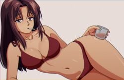 1girls alternate_version_available atsuko_urameshi belly big_breasts bottomwear bra breasts brown_eyes brown_hair cigarette cleavage drink female female_only hair hips holding_drink holding_object kyde long_hair mature mature_female mature_woman milf mother on_side panties red_bra red_panties smoke solo solo_female thighs topwear yu_yu_hakusho