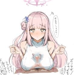 1boy blue_archive blush breasts doodle_sensei_(blue_archive) female flower gansio_ganen hair_bun hair_flower hair_ornament halo highres large_breasts looking_at_viewer male male_pubic_hair mika_(blue_archive) paizuri paizuri_under_clothes pink_hair pink_halo pov pubic_hair see-through_clothes sensei_(blue_archive) sleeveless speech_bubble straight white_background