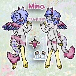 angel anthro bodily_fluids bovid bovid_horn breasts caprine caprine_horn digital_media_(artwork) female forked_tongue fur genitals goat goat_horn hair heart_nipples horn hybrid long_tail mammal model_sheet nipples nude open_mouth purple_hair pussy red_eyes sand_chomper solo tail tears teeth text tongue twintails vulva white_body white_fur yellow_body yellow_eyes yellow_fur yellow_teeth