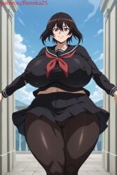 ai ai_generated akame_ga_kill! black_eyes black_hair black_pantyhose black_school_uniform black_serafuku black_skirt black_uniform cameltoe dratvan_(style) erect_nipples hair_between_eyes huge_ass huge_breasts hyper_ass hyper_breasts kurome_(akame_ga_kill!) nipples nipples_visible_through_clothing pantyhose pussy_juice reenka25 school_uniform serafuku short_hair skirt