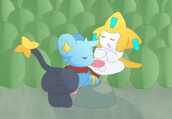 ass backsack balls big_butt bodily_fluids cave cel_shading drooling duo eeveelution_squad fellatio feral generation_3_pokemon generation_4_pokemon genitals hi_res jirachi jirachi_(eeveelution_squad) legendary_pokemon male male/male mythical_pokemon nanabsylve nintendo oral penile penis pokemon pokemon_(species) saliva scarf semi-anthro sex shaded shinx sleep_sex sleeping trace_(eeveelution_squad)