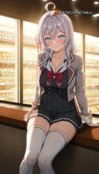 ahoge ai_generated alisa_mikhailovna_kujou arm_support black_dress black_shirt black_skirt blazer blue_eyes blush bow bowtie breasts cleavage closed_mouth collarbone collared_shirt convenience_store counter cropped_jacket crossed_bangs dress feet_out_of_frame female food grey_hair grey_jacket hair_between_eyes hair_intakes hair_ribbon indoors jacket large_breasts long_hair long_sleeves looking_at_viewer loose_bowtie meitabu meitabuu open_clothes open_jacket pleated_skirt red_bow red_bowtie red_ribbon ribbon school_uniform shirt shop sidelocks sitting skirt smile solo thighhighs thighs tokidoki_bosotto_russian_de_dereru_tonari_no_alya-san white_hair white_jacket white_shirt white_thighhighs zettai_ryouiki