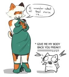 anthro bodyswap dialogue dress feline green_dress green_eyes green_lipstick implied_transformation jamcrumb maralynn_(jamcrumb) oc thick_thighs thighs weight_loss