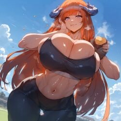 1girls ai_generated alteryors arknights bagpipe_(arknights) blush breasts bursting_breasts eating fat_tits gigantic_breasts ginger hand_on_cheek horns huge_breasts large_breasts light-skinned_female midriff mouthful novelai orange_hair potato smile solo sports_bra sportswear sweat thigh_gap toned voluptuous wet wet_body wide_hips