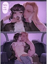 2girls ahageao49 arm_tattoo artist_name barbell_piercing black_hair black_jacket black_lips black_nails blonde_hair blue_pants car_interior clothes_lift clothes_pull commentary english_text finger_in_another's_mouth fingering french_kiss hand_on_another's_thigh highres jacket jewelry kissing long_hair multiple_girls multiple_rings necklace nipple_piercing original pants pants_pull piercing pink_jacket purple_background reach-around ring shirt shirt_lift short_hair speech_bubble symbol-only_commentary tattoo tongue tongue_out white_shirt yuri