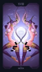 2girls anal_tail bar_censor breasts censored cum cumdrip demon_girl demon_horns demon_tail fake_tail futa_without_pussy futanari highres horn_ornament horns long_hair long_hoodie low-tied_long_hair multiple_girls nipple_piercing original penis_halo piercing restrained skinny small_breasts symmetry tail tailbox tarot the_moon_(tarot) thighhighs white_hair