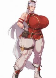 2d animal_ears big_areola blush breasts_bigger_than_head female_only fully_clothed gold_ship_(umamusume) horse_girl huge_breasts huge_thighs leg_strap long_hair muscular_female seductive_smile smile solo_female tail thick_thighs umamusume umamusume_pretty_derby visible_nipples zer0artzer0