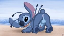 4_fingers alien antennae_(anatomy) anthro anus ass ass_up balls beach black_eyes blue_body blue_fur blue_nose digital_media_(artwork) disney erection experiment_(lilo_and_stitch) feet fingers fur genitals hi_res humanoid_genitalia humanoid_penis lilo_and_stitch looking_at_viewer looking_back male notched_ear omatic open_mouth outside penis presenting presenting_hindquarters sand seaside sky smile solo stitch_(lilo_and_stitch) tail teeth toes water