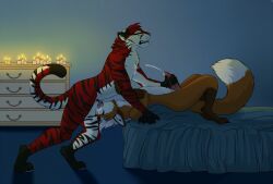 2017 anthro anthro_on_anthro anthro_penetrated anthro_penetrating anthro_penetrating_anthro balls bed bleachsoulreaper01 bodily_fluids candle candlelight canid canine claws clenched_teeth cum cum_in_mouth cum_inside cum_on_chest deep_throat drinking drinking_cum duo ejaculation erection felid feline fellatio fox fur furniture genital_fluids genitals half-closed_eyes handjob handjob_while_penetrating interspecies irrumatio knot light luca_(disambiguation) lying male male/male mammal narrowed_eyes neck_bulge nude on_back oral oral_only oral_penetration orange_body orange_fur pantherine penetration penile penis_in_mouth red_body red_fur roanth_rufry_alfer_(character) sex striped_body stripes sucking tail teeth throat_swabbing tiger