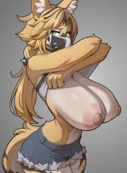 anthro big_breasts breasts cooliehigh female green_eyes hair looking_at_viewer nipples pulchra_(zenless_zone_zero) pulchra_fellini shorts tail taking_clothes_off zenless_zone_zero