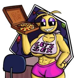 abs absurd_res anthro areola areola_slip balloon big_breasts black_sclera bottomwear breasts chair clothing container female five_nights_at_freddy's five_nights_at_freddy's_2 food furniture hi_res inflatable leionfire muscular muscular_anthro muscular_female non-mammal_breasts pepperoni_pizza pizza pizza_box scottgames sharp_teeth shorts solo table teeth thick_thighs toy_chica_(fnaf) under_boob wide_hips
