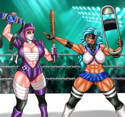 2020 2024 2females 2girls abs ass ass_focus ass_visible_through_thighs background_character background_characters barbed_wire baseball_bat belly belly_button big_boobies big_breasts big_titties black_elbow_pads black_fingerless_gloves black_gloves black_mask blue_hair blue_hair_female blue_skirt bob_cut camel_toe cameltoe capcom chains chair championship_belt cleavage crowd crowd_watching crowded cssp cyan_eyes cyan_eyes_female digital_art digital_drawing digital_drawing_(artwork) digital_media digital_media_(artwork) digital_painting_(artwork) dleejaap elbow_pads face_covered female female/female female_abs female_focus female_human female_only females_focus females_only fingerless_gloves gold_(metal) holding holding_object iwashigahama_japan_women's_pro-wrestling iwjwp kneepads looking_at_another looking_at_each_other masked masked_female muscle_girl muscle_tone musclegut muscles muscular muscular_arms muscular_female muscular_legs muscular_thighs navel pepe_ishiwata pink_eyes pink_eyes_female pointing purple_earrings purple_fingerless_gloves purple_gloves purple_hair purple_hair_female purple_leotard round_boobies round_boobs round_breasts round_tits round_titties school_uniform schoolgirl schoolgirl_uniform shiny shiny_ass shiny_body shiny_boobies shiny_boobs shiny_breasts shiny_butt shiny_clothes shiny_clothing shiny_hair shiny_skin shiny_thighhighs shiny_thighs shiny_tits shiny_titties spandex spandex_leotard sports_tape spotlight spotlights steel_chair street_fighter street_fighter_v tagme taped_mouth thick thick_body thick_boobies thick_boobs thick_booty thick_breasts thick_butt thick_hips thick_legs thick_lips thick_thighs thigh_gap thigh_highs thighhighs thighs thighs_bigger_than_head thighs_bigger_than_torso title_belt vivian_nishiki white_boots wrestling wrestling_belt wrestling_ring zipper zipper_down