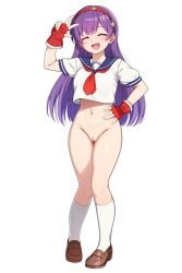 asamiya_athena blue_sailor_collar bottomless breasts brown_shoes cleft_of_venus closed_eyes commission cropped_shirt facing_viewer female fingerless_gloves full_body gloves hair_ornament hairband hand_on_own_hip highres kneehighs large_breasts long_hair navel neckerchief open_mouth puffy_short_sleeves puffy_sleeves purple_hair pussy red_gloves red_hairband red_neckerchief sailor_collar sailor_shirt shirt shoes short_sleeves simple_background skeb_commission socks solo star_(symbol) star_hair_ornament teeth the_king_of_fighters uncensored upper_teeth_only w white_background white_shirt white_socks yotubeya