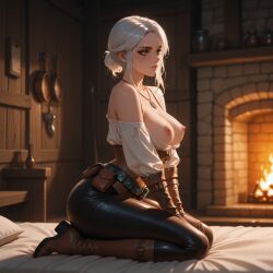 ai_generated ass bed bedroom boots breasts cd_projekt_red ciri clothing female gloves green_eyes light-skinned_female mascara necklace nipples scar solo solo_female sunny the_witcher_(series) the_witcher_3:_wild_hunt white_hair