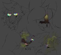 anthro anus artist_name ass balls bipbopstunk bipzy_(bipbopstunk) bodily_fluids cheek_tuft container dirty_anus drooling duo eating_feces english_text eye_roll eyebrows face_in_ass facial_tuft fart fart_cloud fart_fetish feces feces_as_food feces_in_mouth feces_on_tongue feces_pile fur genitals good_boy hand_on_butt hand_on_chin hand_on_own_butt head_tuft hi_res holding_container holding_object hypnosis male mammal mephitid mind_control monochrome narrowed_eyes open_mouth perineum pooping_in_container pooping_in_dog_bowl raised_eyebrows raised_tail saliva scat scatplay skunk smile spiral spiral_eyes tail teeth text tongue tongue_out tuft whisker_spots