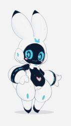 animal_ears black_skin blue_eyes blue_sclera blush blush_stickers borrowed_character cleft_of_venus closed_mouth colored_sclera colored_skin commentary english_commentary female flat_chest furry furry_female grey_background hand_on_own_hip heart humanoid_robot kekitopu looking_at_viewer multicolored_skin nervous nervous_smile original outstretched_arm pussy pussy_juice rabbit_ears rabbit_girl rabbit_tail robot robot_girl short_tail shortstack simple_background smile solo sweat tail thick_thighs thighs two-tone_skin uncensored white_skin wide_hips
