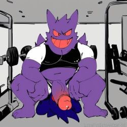 ai_generated balls_on_face big_penis dominant domination evil_grin face_in_ass face_in_balls face_in_crotch facesitting forced gay gengar gym gym_clothes gym_uniform huge_cock penis_on_face pokemon pokemon_(species) pokephilia relaxing squatting squatting_position