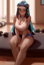 1girls 2d ai_generated ass barefeet big_ass big_breasts blue_hair breasts dark_skinned_female earrings erophoenix feet female female_focus full_body gym_leader hoop_earrings indoors jewelry looking_at_viewer looking_back nessa_(pokemon) nude patreon_username pokemon pokemon_ss smile soles solo solo_female sportswear sweat thick thick_thighs toes uncensored