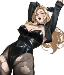 1girls absurdres arm_behind_head arms_up big_breasts black_canary black_jacket black_leotard blonde_hair blue_eyes breasts chinese_commentary commentary cropped_jacket dc_comics earrings female female_only fingerless_gloves fishnet_pantyhose fishnets gloves highres hoop_earrings jacket jewelry large_breasts leather leather_jacket leotard long_hair looking_at_viewer open_mouth pantyhose red_lips solo strapless strapless_leotard stretching superhero_costume taiyang_yu torn_clothes torn_pantyhose