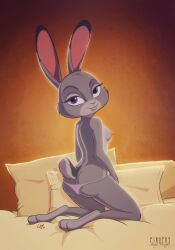 3_toes acornart anthro barefoot bed bedroom_eyes bottomwear breasts butt_cleavage clothed clothing digital_media_(artwork) disney feet female furniture grey_body half-closed_eyes hi_res judy_hopps kneeling lagomorph leporid looking_at_viewer looking_back mammal mostly_nude narrowed_eyes nipples on_bed panties panties_down partially_clothed pillow pinup pose rabbit seductive side_boob solo tail toes topless topwear underwear underwear_down undressing zootopia