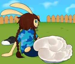 5_toes anthro ass big_feet braided_hair brown_hair camo camo_clothing camo_print clothed clothing denim denim_bottomwear denim_clothing denim_shorts dirty_socks eyebrows feet foot_fetish foot_focus fur green_eyes hair humanoid_feet konami mimi_(pop'n_music) outside shirt shoes shoes_removed smile socks soles solo squiggle_mouth tan_body tan_fur tan_skin toes topwear twistedfurby wrinkled_feet wrinkles