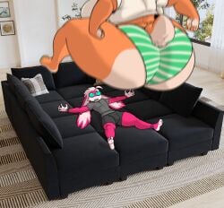 1boy 1girls anthro breasts bulge bulge_through_clothing bunny dulce_(mr.pink) female female_focus furry imminent_facesitting jumping lagomorph lagomorph_humanoid large_breasts male mr.pink orange_fur overweight overweight_female panties pink_fur pwink rabbit striped_panties underwear