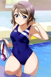 10s absurdres barefoot blue_eyes blue_one-piece_swimsuit blush breasts brown_hair closed_mouth collarbone competition_swimsuit covered_navel feet female female_focus frown goggles highres inou_shin ladder love_live! love_live!_sunshine!! official_art one-piece_swimsuit pool solo sparkle strap_pull swept_bangs swim_cap swimsuit thighs tile_floor tiles toes watanabe_you water