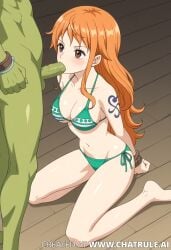 ai_generated blowjob bondage fellatio female goblin_male male male/female nami_(one_piece) one_piece oral oral_penetration oral_sex penis penis_in_mouth red_hair rope tied_up