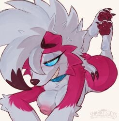 3_toes anthro ass bedroom_eyes big_breasts big_butt blue_eyes breasts canid claws feet female floppy_ears fur generation_7_pokemon grin hi_res lycanroc lying mammal midnight_lycanroc narrowed_eyes nintendo nipples nude on_front pawpads pokemon pokemon_(species) red_body red_fur seductive sharkysocks sharp_teeth smile solo teeth toe_claws toes white_hair