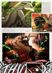 absurd_res anthro big_breasts black_hair breasts brown_body brown_eyes brown_eyes brown_fur canid canine canis comic fantasy female fight fur hair hi_res lagomorph leporid mammal markings medieval megan_bryar rabbit spots spotted_body spotted_fur the_quest_for_quests tqfq white_body white_fur wolf zaiksmckraven