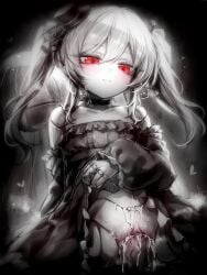 1boy blur_censor breasts censored closed_mouth clothes_lift cum cum_in_pussy cum_overflow doll_joints dress dress_lift eudie_(shadowverse) female greyscale hat highres joints kupa_(jesterwii) lifting_own_clothes long_hair long_sleeves looking_at_viewer mini_hat monochrome orchis penis puffy_long_sleeves puffy_sleeves pussy red_eyes sex shadowverse sideways_hat small_breasts spot_color straight twintails vaginal_penetration