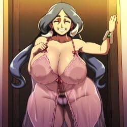 1girls 2025 ai_generated black_hair breasts cleavage drasna_(pokemon) female game_freak gilf granny large_breasts mature_female mullon novelai old older_female pokemon pokemon_xy pubic_hair voluptuous voluptuous_female wide_hips