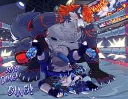 anal anal_sex anthro anthro_on_anthro anthro_penetrated anthro_penetrating anthro_penetrating_anthro balls big_penis blush bodily_fluids canid canine canis clothing cum cum_in_ass cum_inside detailed_background domestic_dog duo fighting_ring fingerless_gloves gasp genital_fluids genitals gloves handwear hi_res huge_cock husky internal knot knotted_penis knotting larger_anthro larger_male male male/male male_penetrated male_penetrating male_penetrating_male mammal muscular muscular_anthro muscular_male nipples nordic_sled_dog open_mouth pawpads paws penetration penile penile_penetration penis penis_in_ass sex sinisterheaven size_difference smaller_anthro smaller_male smaller_penetrated spitz tongue tongue_out upside-down wolf wrestler wrestling
