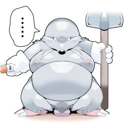 2025 anthro balls belly big_belly clothing dragon_quest ellipsis eulipotyphlan genitals gloves handwear hi_res kemono male mammal mischievous_mole mole_(animal) moobs nipples overweight overweight_male pubes shovel sigenoya simple_background solo square_enix standing takotyutyu tools white_background