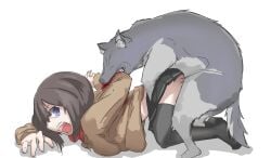 1boy 1girls arm_behind_back bite black_hair blood_on_clothing blue_eyes breast_press breasts canid canine canis clothed clothed_female clothed_sex clothing dog doggy_style domestic_dog female male male/female medium_hair open_mouth original raped school_uniform schoolgirl sex sex_from_behind simple_background white_background zoophilia