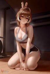1girls 2d ai_generated ass barefeet big_ass breasts brown_hair erophoenix feet female female_focus full_body gym hairclip hololive hololive_english hololive_english_-council- hololive_english_-promise- indoors looking_at_viewer medium_breasts nanashi_mumei navel patreon_username short_shorts shorts solo solo_female sports_bra sweat thick thick_thighs toes uncensored virtual_youtuber vtuber