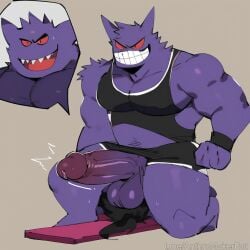 ai_generated big_balls evil_grin facesitting gay gay_domination gengar gym gym_clothes gym_mat gym_uniform huge_cock muscular muscular_male pokemon pokemon_(species) pokephilia sitting_on_another sitting_on_face sitting_on_person throbbing_penis