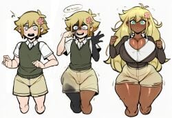 ai_generated aigooner19aught7 basil_(omori) big_breasts bimbofication bimbofication_sequence blonde_hair clothed_female gender_transformation novelai omori race_swap scared_expression transformation transformation_sequence twink unwilling unwilling_transformation wide_hips