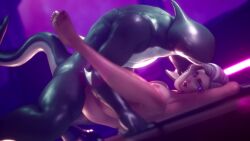 1boy 1girls animated arms_behind_head blue_eyes glasses legs_spread moaning_in_pleasure monster monster_cock naked_female shark_humanoid studiofow subverse tagme video white_hair