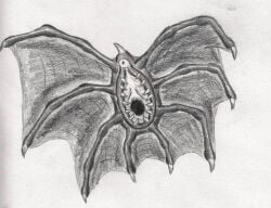 1_eye 8_wings absurd_res ambiguous_gender black_body black_skin clitoris ebrithilbowser feral genitals hi_res horn membrane_(anatomy) membranous_wings monster multi_wing parasite pussy solo unusual_clitoris vagina_dentata vulva vulva_creature vulva_for_mouth wings