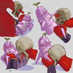 blush cunnilingus monster pepuka_(artist) r.e.p.o. red_skin robot semibot size_difference straight trudge_(r.e.p.o.) wholesome_sex