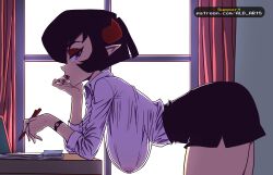 1girls ald_arts artist_name ass black_hair curtains day desk female hanging_breasts horns huge_breasts lips looking_at_viewer lucy_(ald_arts) makeup nails nipples_visible_through_clothing office_lady original pen pencil_skirt pointy_ears purple_eyes serious short_hair succubus t-shirt watch window x-shaped_pupils